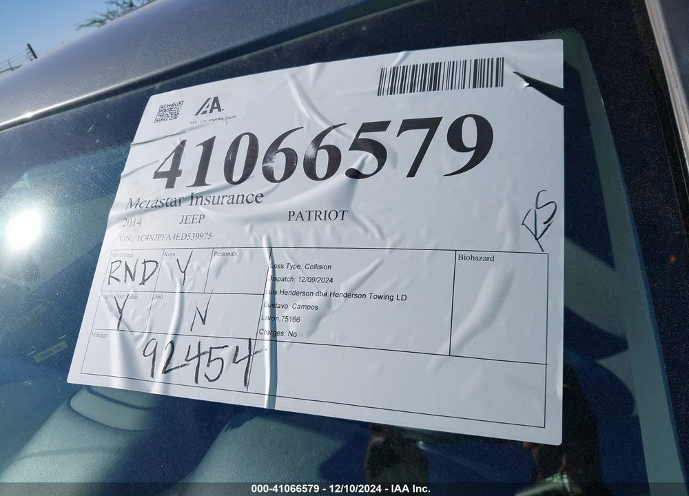 2014 JEEP PATRIOT LATITUDE VIN: 1C4NJPFA4ED539975