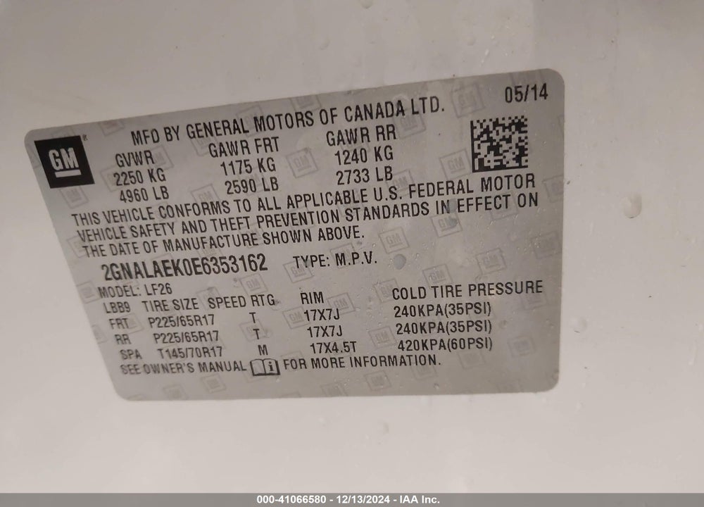 2014 CHEVROLET EQUINOX LS VIN: 2GNALAEK0E6353162