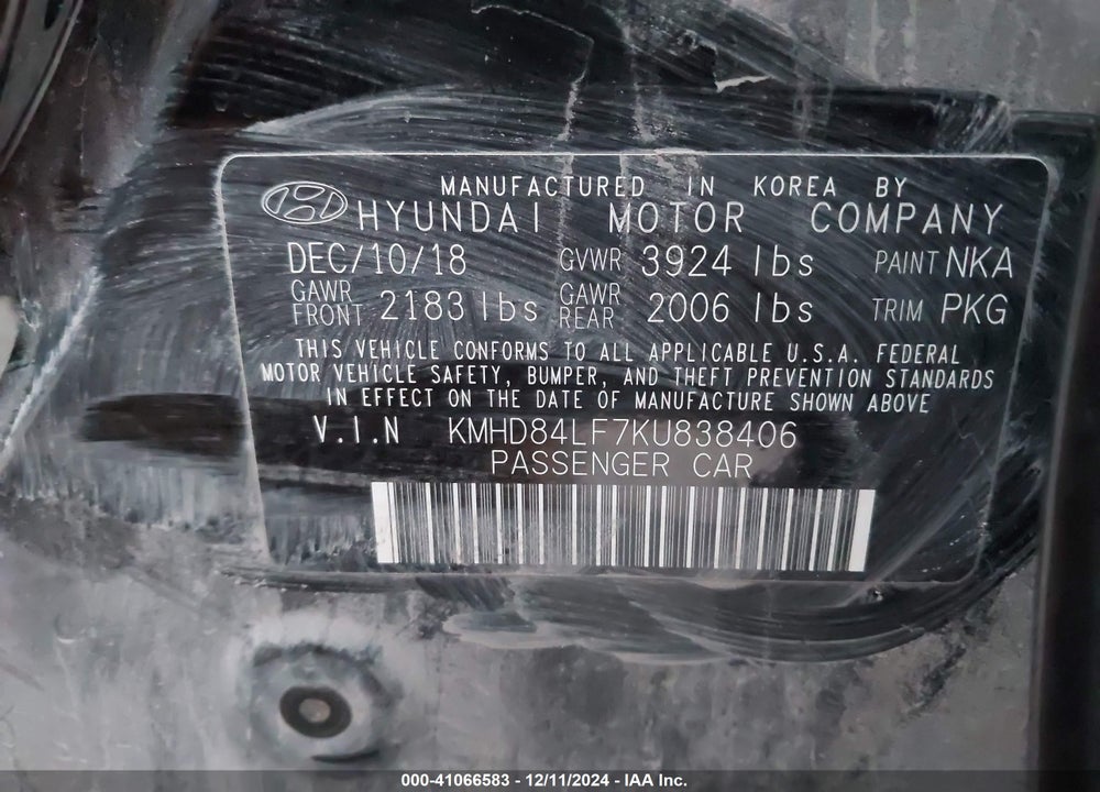 2019 HYUNDAI ELANTRA VALUE EDITION VIN: KMHD84LF7KU838406