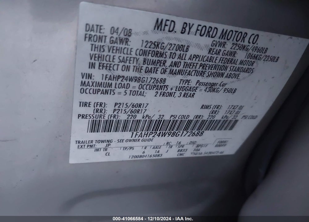 2008 FORD TAURUS SEL VIN: 1FAHP24W98G172688