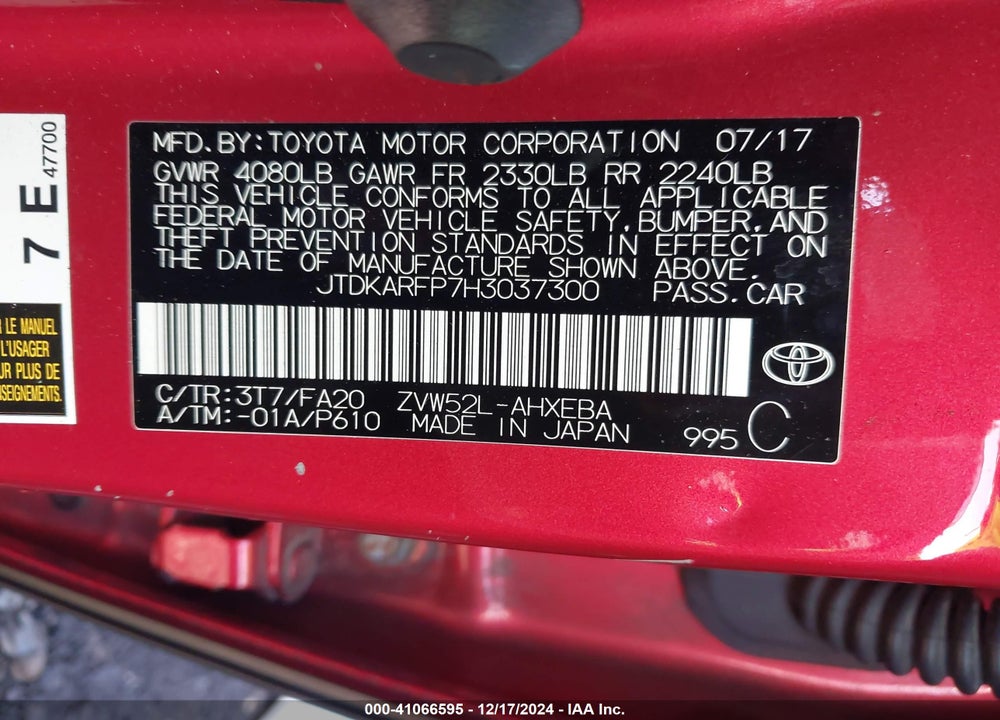 2017 TOYOTA PRIUS PRIME VIN: JTDKARFP7H3037300