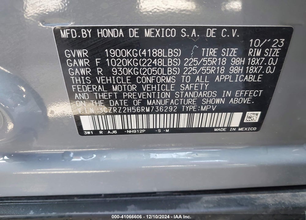 2024 HONDA HR-V AWD SPORT/AWD SPORT W/O BSI VIN: 3CZRZ2H56RM736292