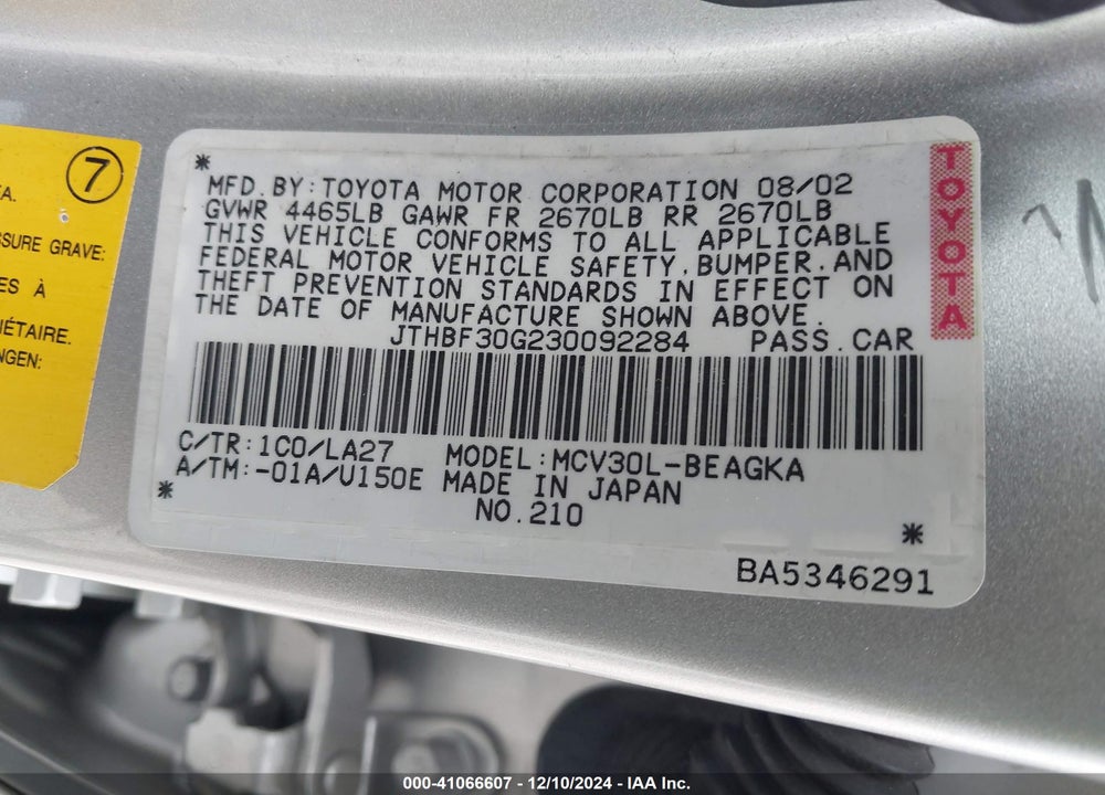 2003 LEXUS ES 300 VIN: JTHBF30G230092284