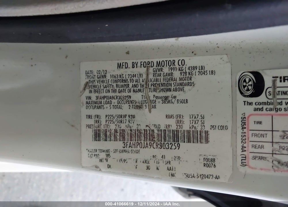 2012 FORD FUSION VIN: 3FAHP0JA9CR303259