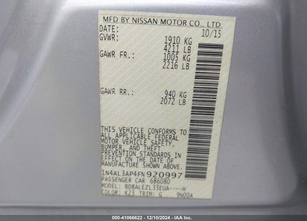 2015 NISSAN ALTIMA 2.5 S VIN: 1N4AL3AP4FN920997
