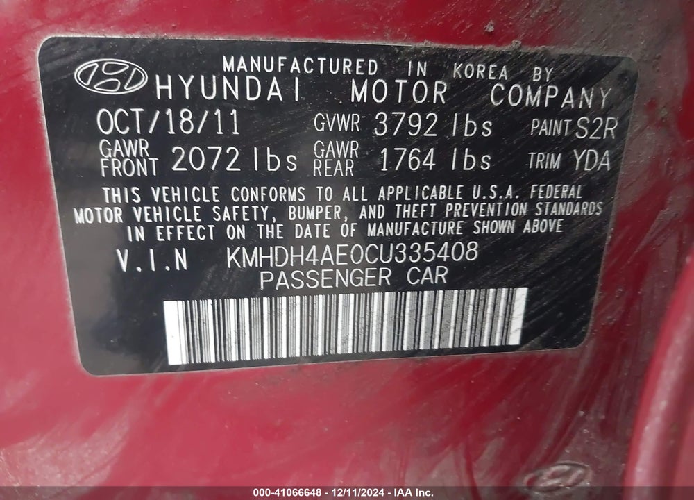 2012 HYUNDAI ELANTRA LIMITED (ULSAN PLANT) VIN: KMHDH4AE0CU335408