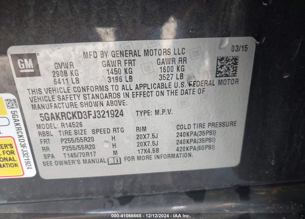 2015 BUICK ENCLAVE PREMIUM VIN: 5GAKRCKD3FJ321924