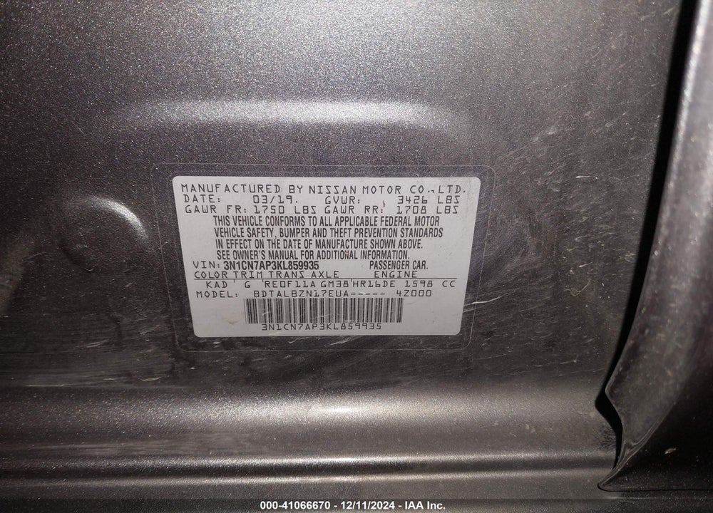 2019 NISSAN VERSA VIN: 3N1CN7AP3KL859935