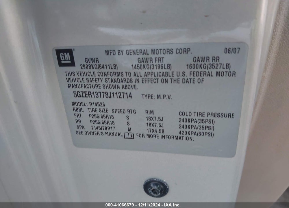 2008 SATURN OUTLOOK XE VIN: 5GZER13778J112714
