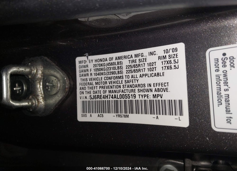 2010 HONDA CR-V EX-L VIN: 5J6RE4H74AL005519