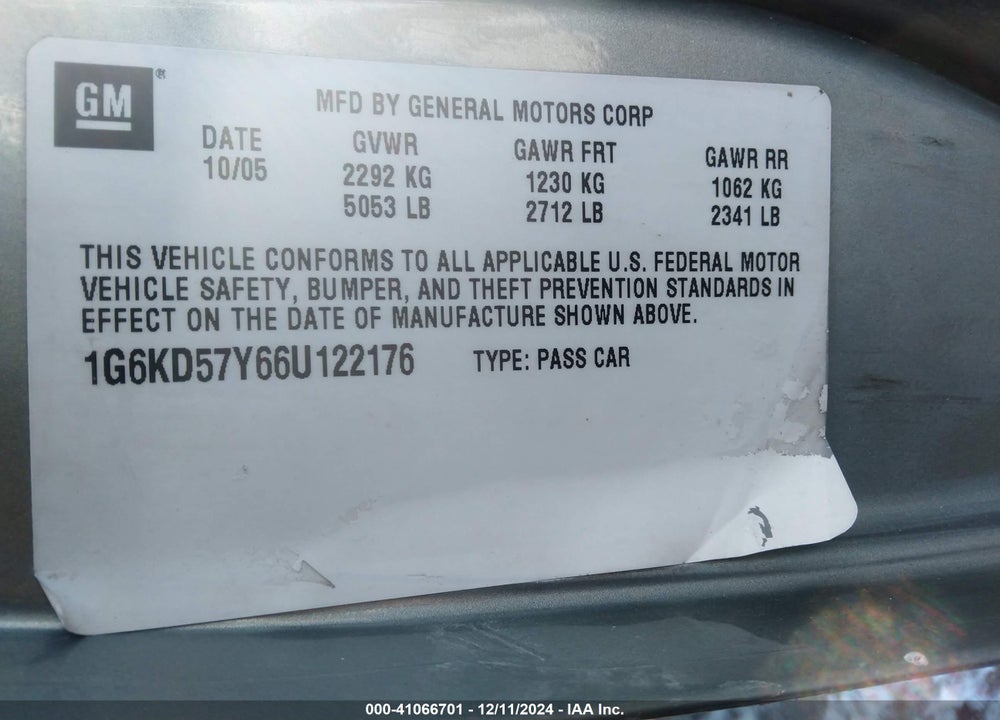 2006 CADILLAC DTS VIN: 1G6KD57Y66U122176