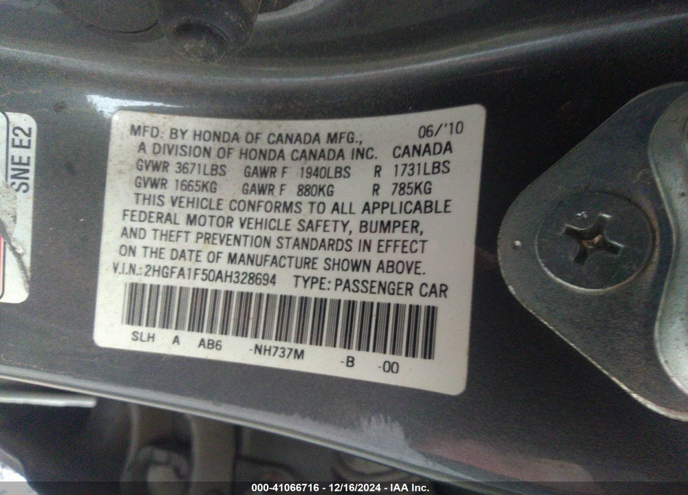 2010 HONDA CIVIC LX VIN: 2HGFA1F50AH328694
