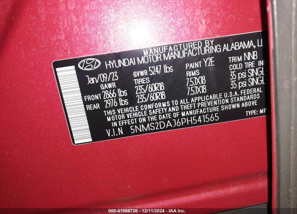 2023 HYUNDAI SANTA FE SEL VIN: 5NMS2DAJ6PH541565