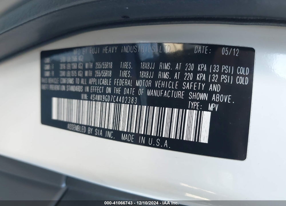 2012 SUBARU TRIBECA 3.6R LIMITED VIN: 4S4WX9GD7C4402383