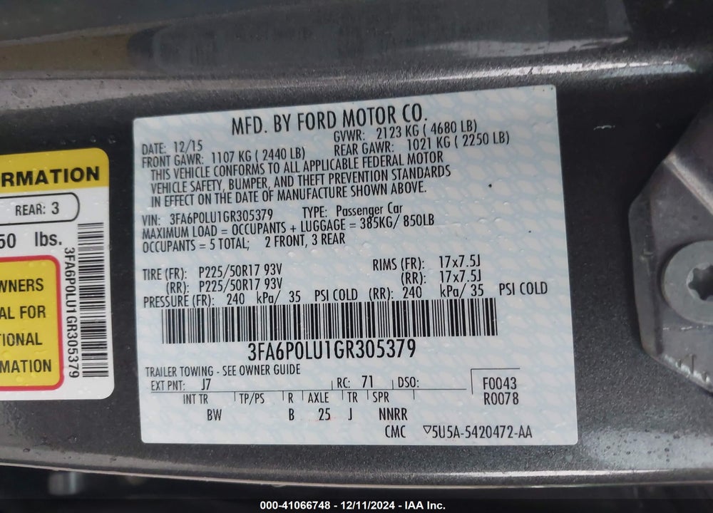 2016 FORD FUSION HYBRID SE VIN: 3FA6P0LU1GR305379
