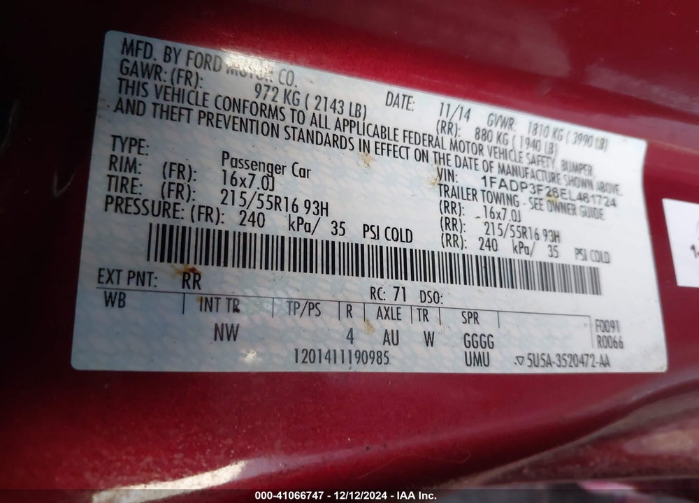 2014 FORD FOCUS VIN: 1FADP3F26EL461724