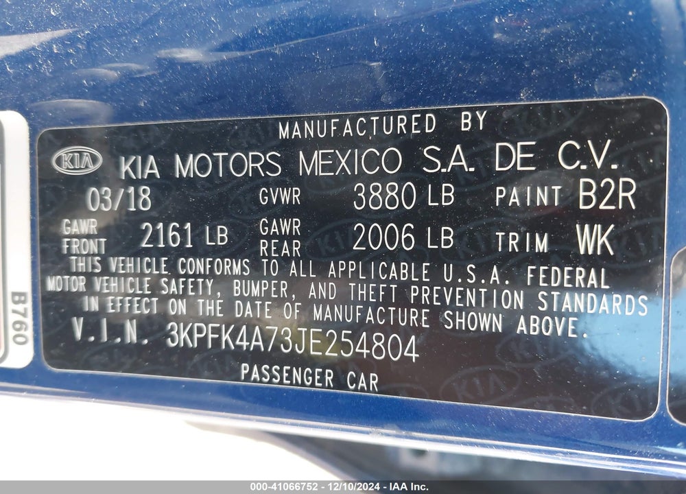 2018 KIA FORTE LX VIN: 3KPFK4A73JE254804