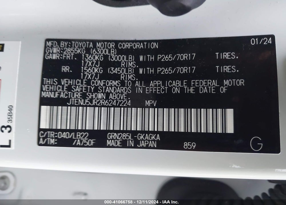 2024 TOYOTA 4RUNNER SR5 PREMIUM VIN: JTENU5JR2R6247224