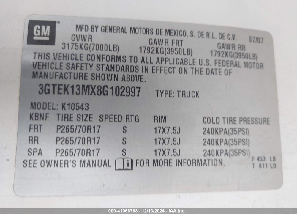 2008 GMC SIERRA 1500 SLT VIN: 3GTEK13MX8G102997