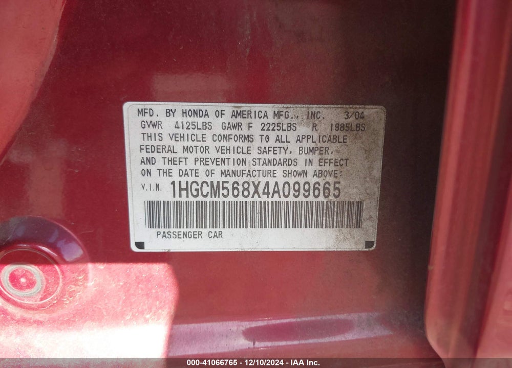 2004 HONDA ACCORD 2.4 EX VIN: 1HGCM568X4A099665