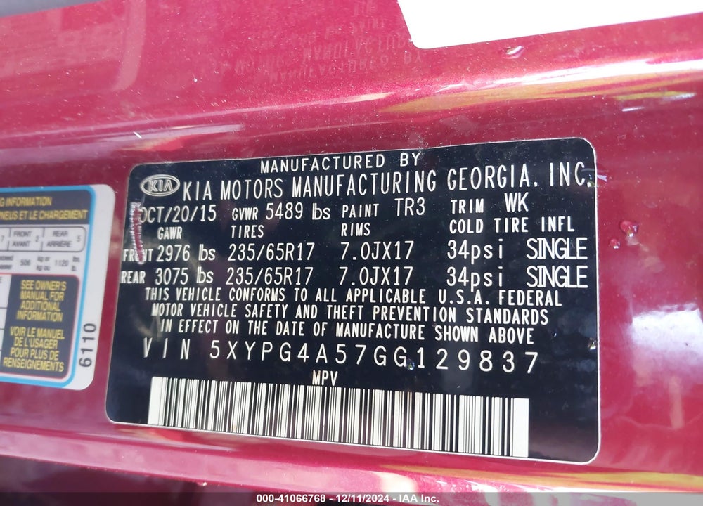 2016 KIA SORENTO 3.3L LX VIN: 5XYPG4A57GG129837