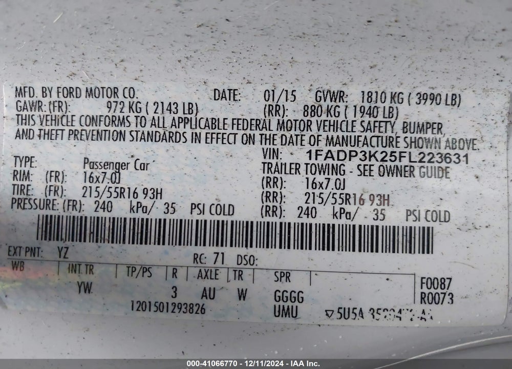 2015 FORD FOCUS SE VIN: 1FADP3K25FL223631