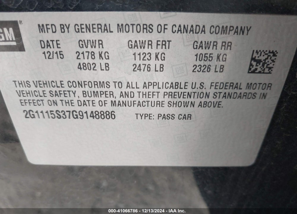 2016 CHEVROLET IMPALA VIN: 2G1115S37G9148886