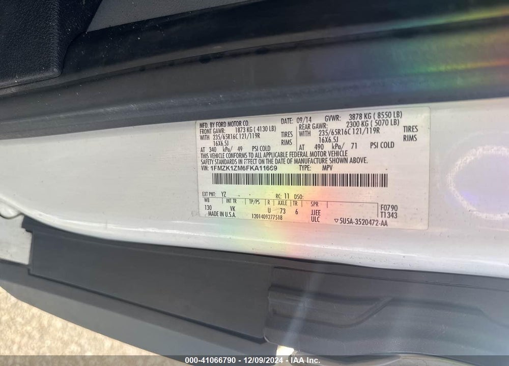2015 FORD TRANSIT T-150 VIN: 1FMZK1ZM6FKA11669
