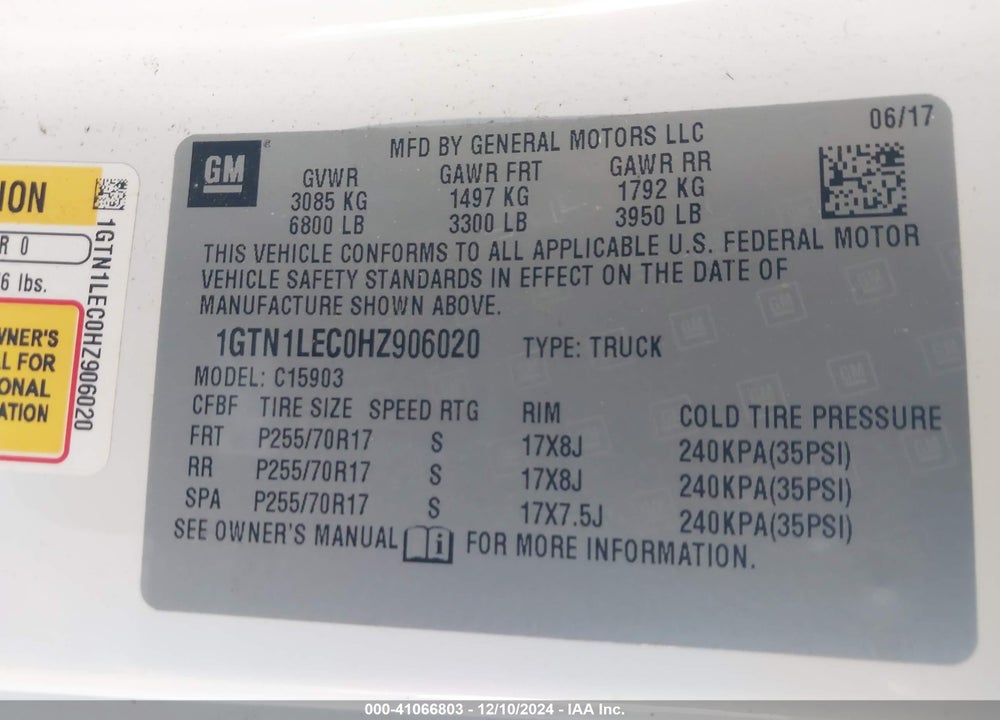 2017 GMC SIERRA 1500 VIN: 1GTN1LEC0HZ906020