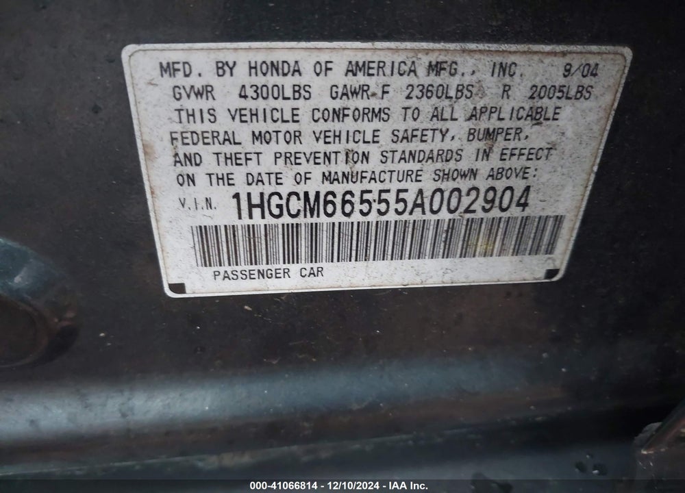 2005 HONDA ACCORD 3.0 EX VIN: 1HGCM66555A002904