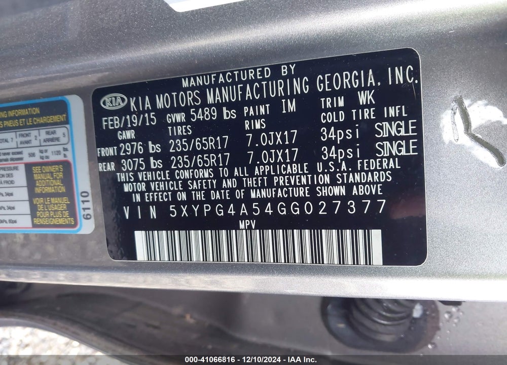 2016 KIA SORENTO 3.3L LX VIN: 5XYPG4A54GG027377