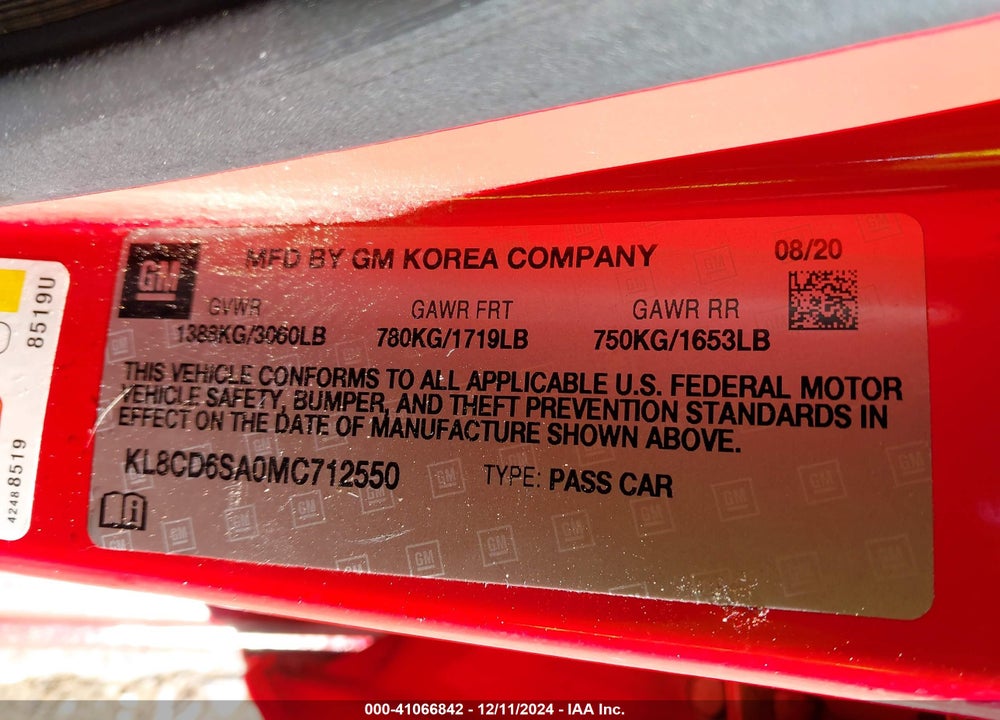 2021 CHEVROLET SPARK VIN: KL8CD6SA0MC712550