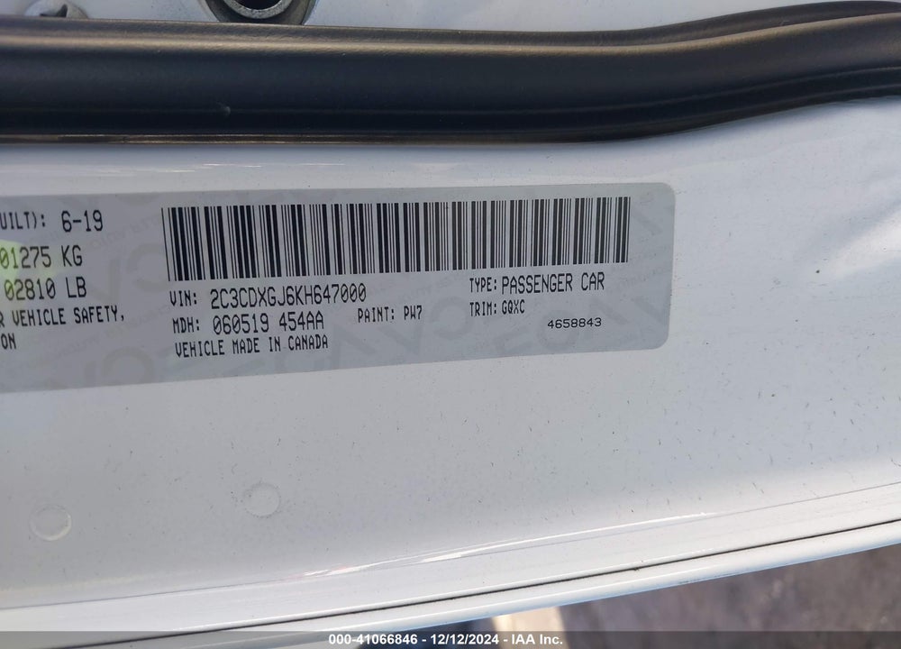 2019 DODGE CHARGER SCAT PACK RWD VIN: 2C3CDXGJ6KH647000