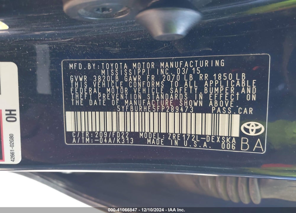 2015 TOYOTA COROLLA S PLUS VIN: 5YFBURHE5FP289473