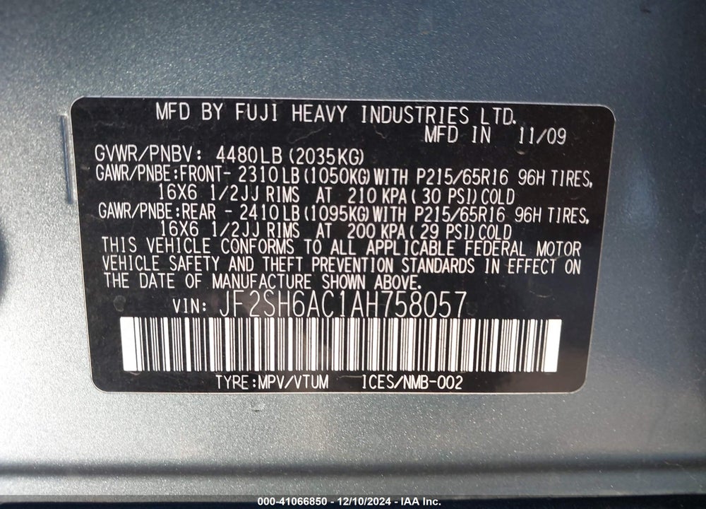 2010 SUBARU FORESTER 2.5X VIN: JF2SH6AC1AH758057