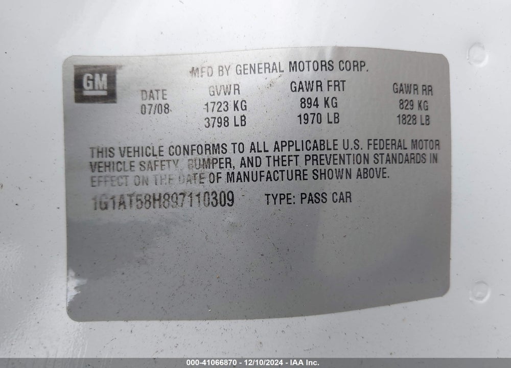 2009 CHEVROLET COBALT LT W/1LT VIN: 1G1AT58H897110309