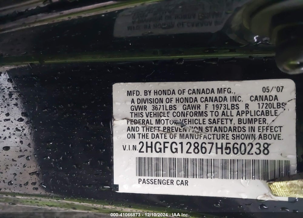 2007 HONDA CIVIC VIN: 2HGFG12867H560238