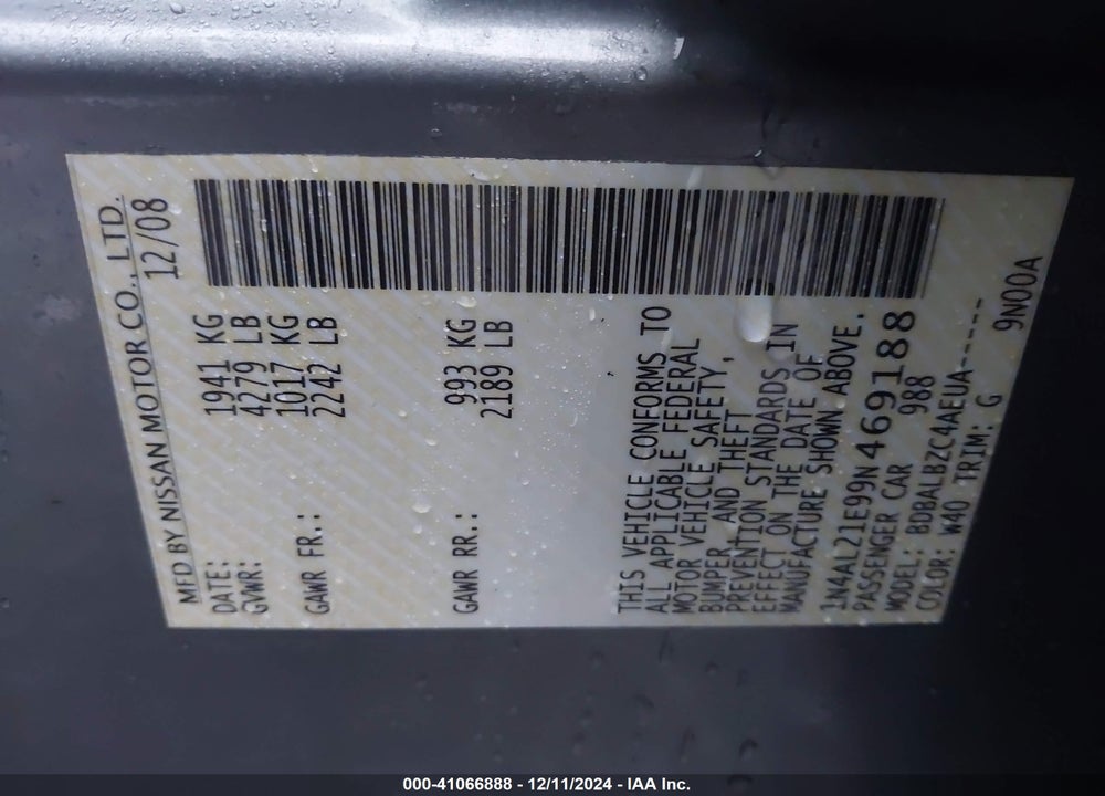 2009 NISSAN ALTIMA 2.5 S VIN: 1N4AL21E99N469188