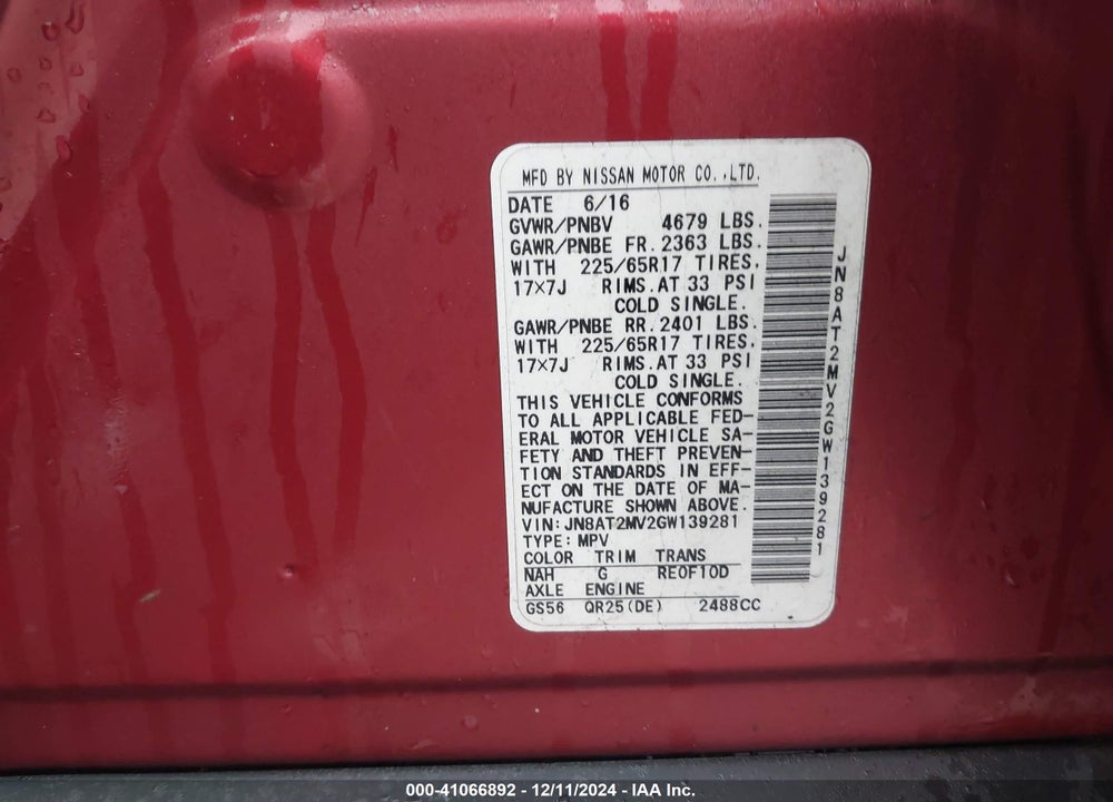 2016 NISSAN ROGUE S VIN: JN8AT2MV2GW139281