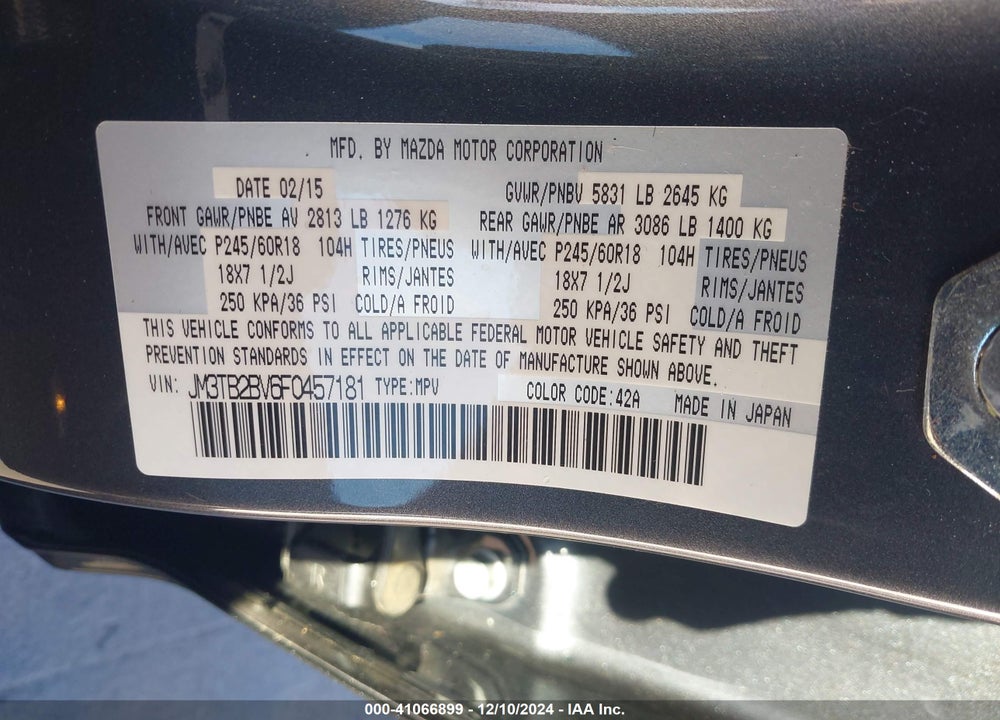 2015 MAZDA CX-9 SPORT VIN: JM3TB2BV6F0457181