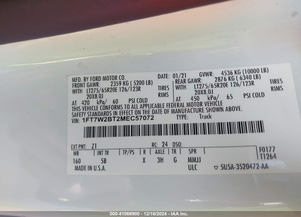 2021 FORD F-250 LARIAT VIN: 1FT7W2BT2MEC57072