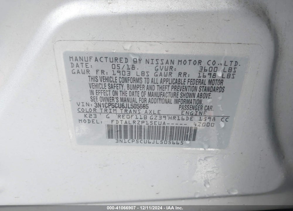 2018 NISSAN KICKS S VIN: 3N1CP5CU6JL505665