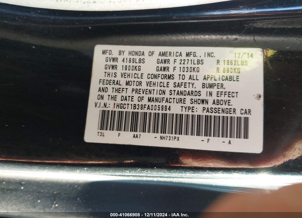 2015 HONDA ACCORD LX-S VIN: 1HGCT1B39FA005994