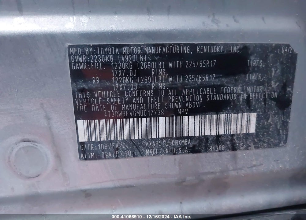 2021 TOYOTA RAV4 HYBRID XLE VIN: 4T3RWRFV6MU017738