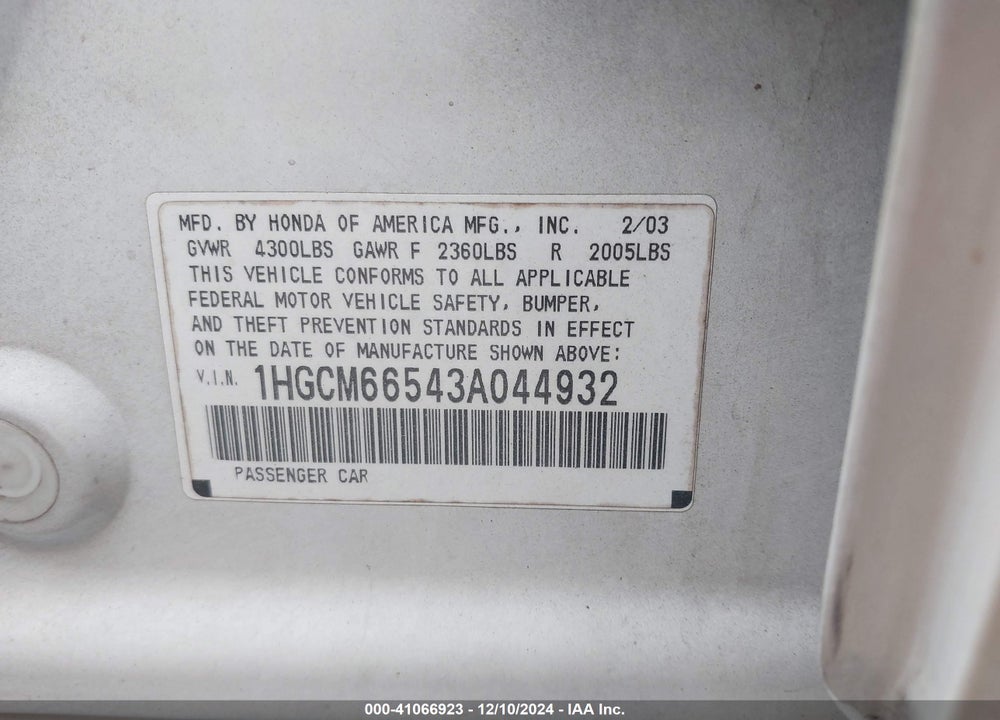 2003 HONDA ACCORD 3.0 EX VIN: 1HGCM66543A044932