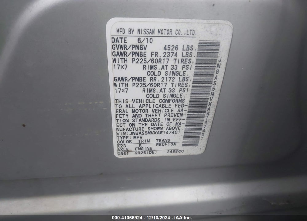 2010 NISSAN ROGUE SL VIN: JN8AS5MVXAW147401