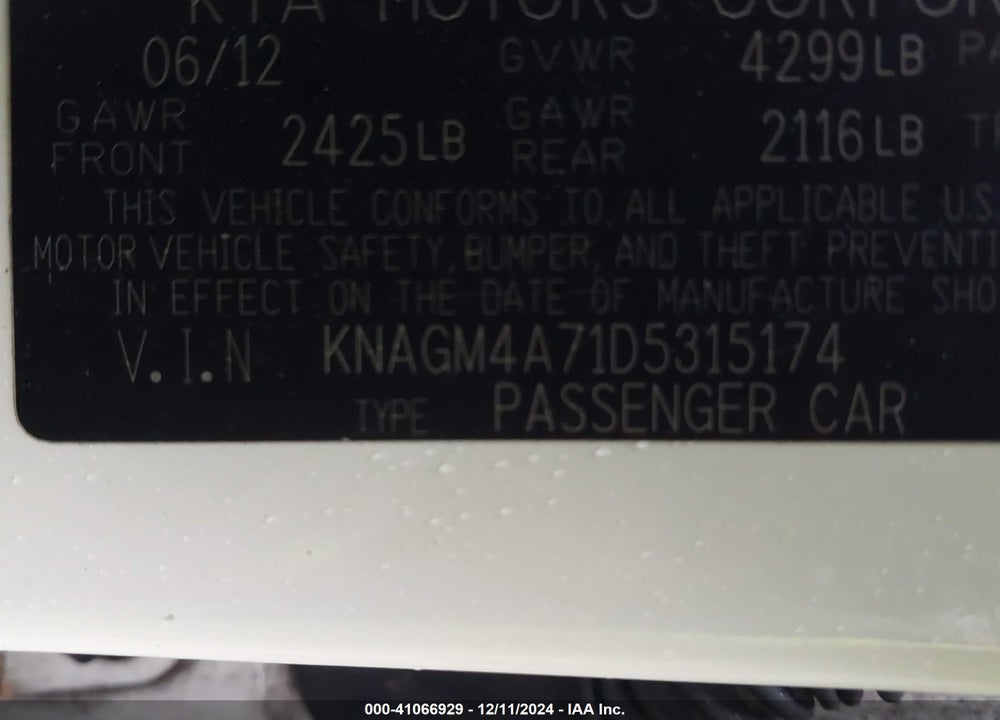 2013 KIA OPTIMA LX VIN: KNAGM4A71D5315174