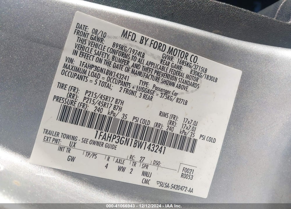 2011 FORD FOCUS SES VIN: 1FAHP3GN1BW143241