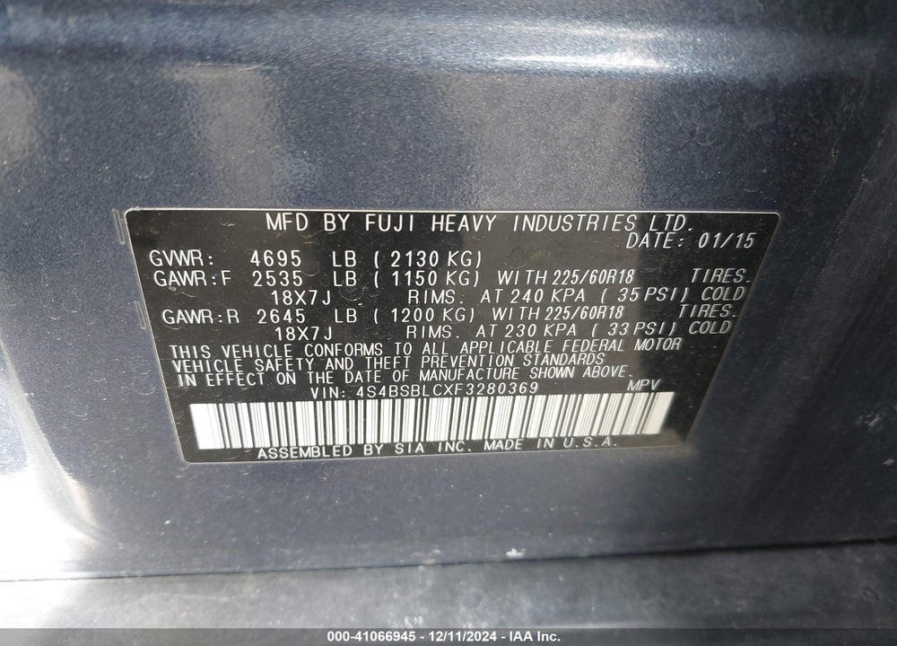 2015 SUBARU OUTBACK 2.5I LIMITED VIN: 4S4BSBLCXF3280369