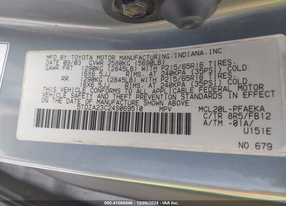 2004 TOYOTA SIENNA LE VIN: 5TDZA23C24S069510